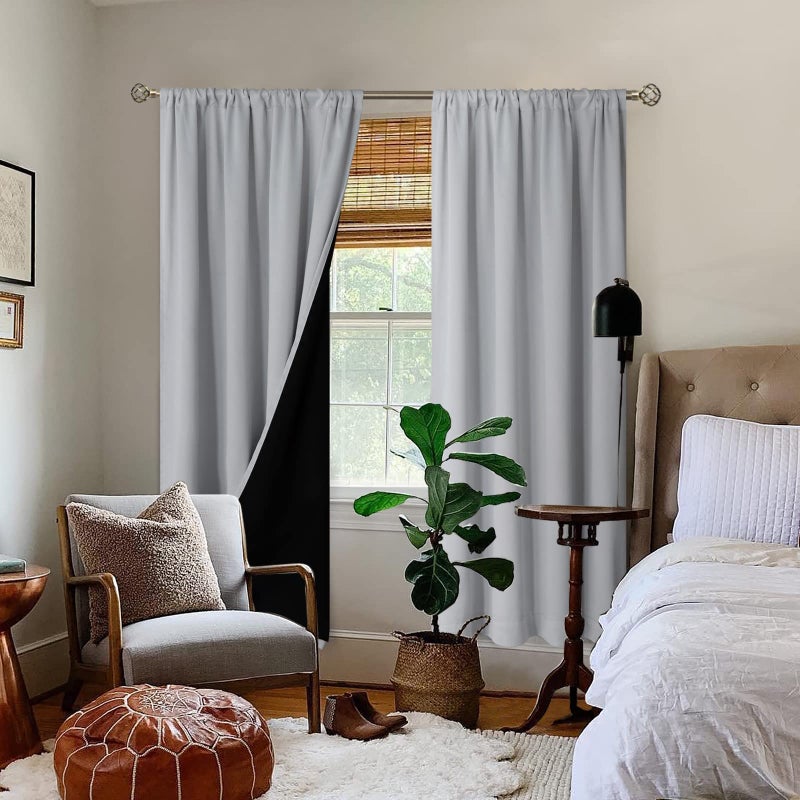 BGment Thermal Insulated 100% Blackout Curtains for Bedroom with Black Liner, Double Layer Full Room Darkening Noise Reducing Rod Pocket Curtain (52 x 84 Inch, Light Grey, 2 Panels) - Image 2